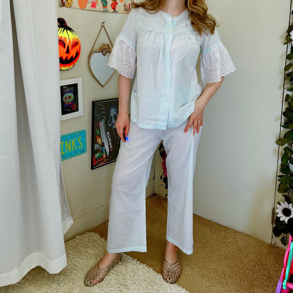Vintage 1970s Sears Perma-Prest Blue Pajamas Set Size 36 Medium